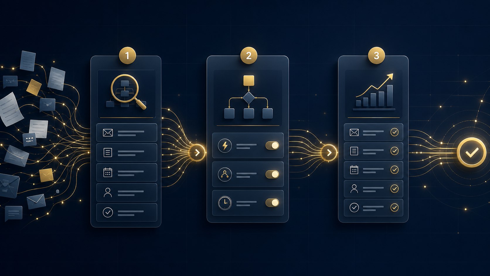 An abstract automation map showing scattered business inputs becoming a clean three-step workflow.