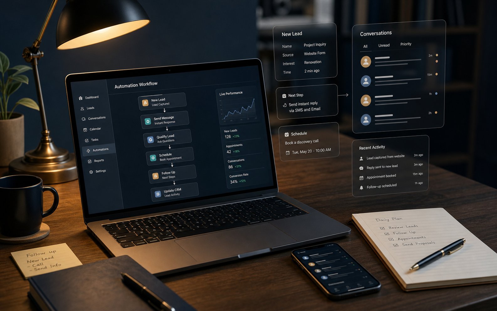 A business automation dashboard organizing new leads, conversations, schedules, and follow-ups on a laptop.