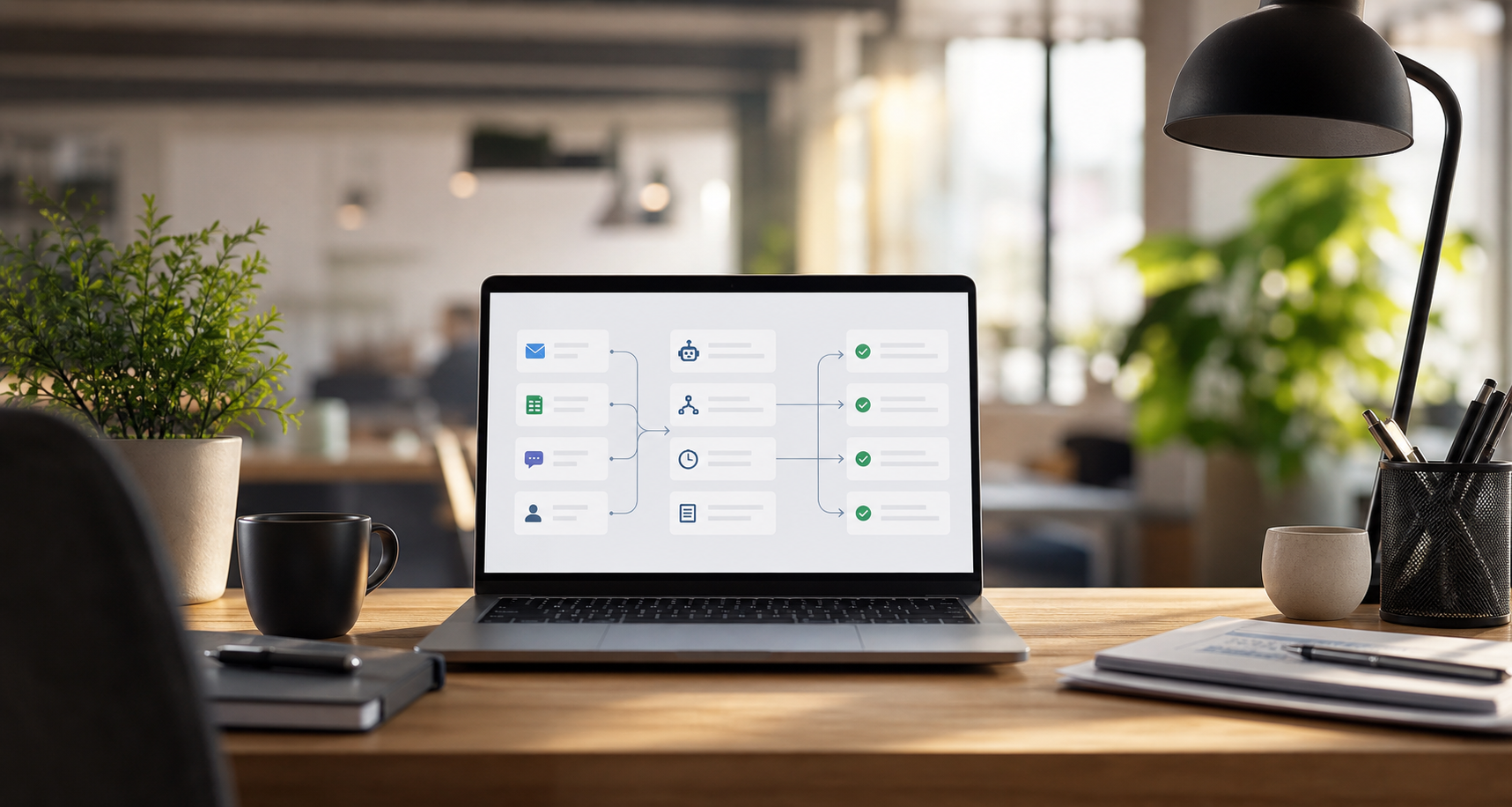 A clean workflow dashboard connecting inbox, customer, and follow-up tasks.
