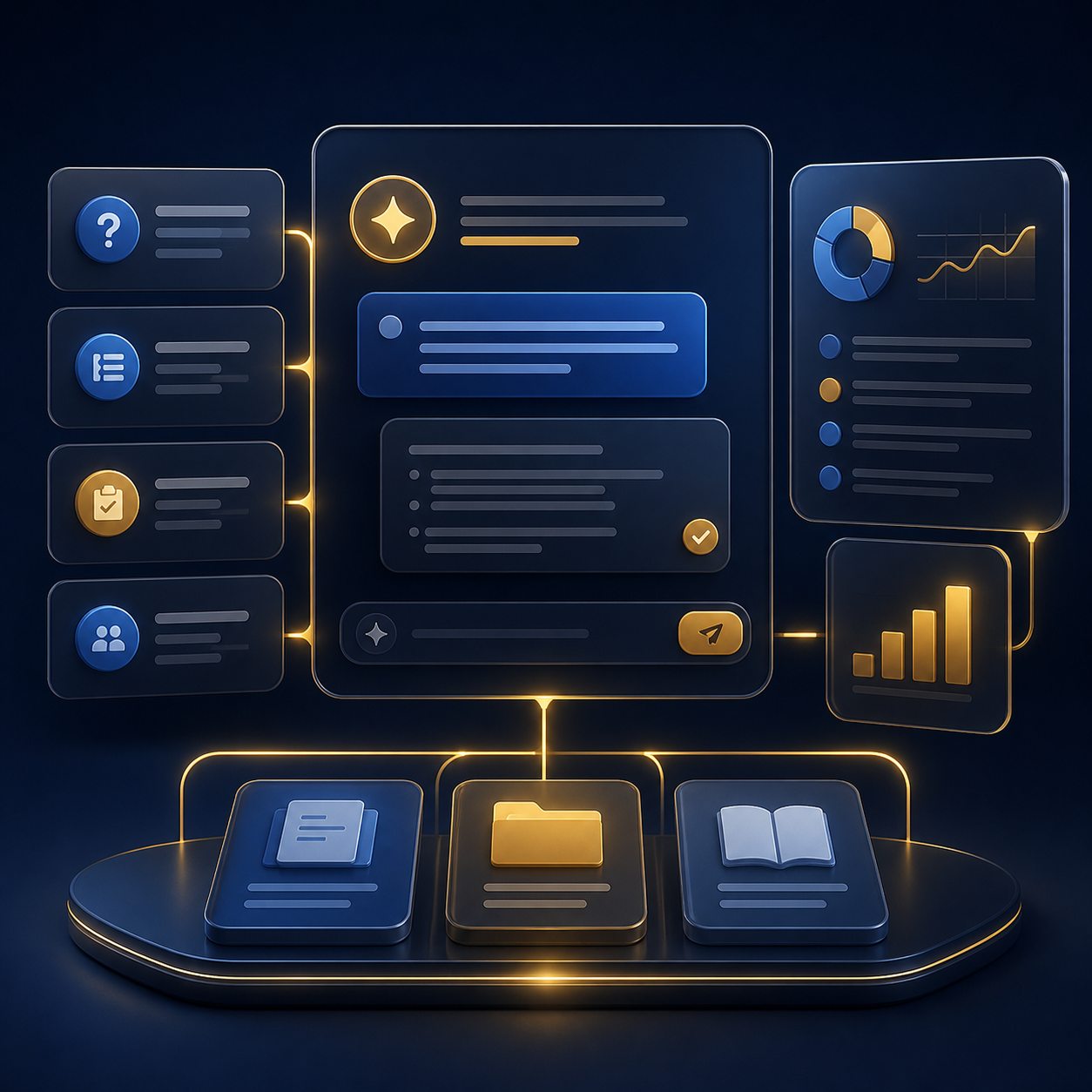 Assistant console connected to knowledge cards and summaries.