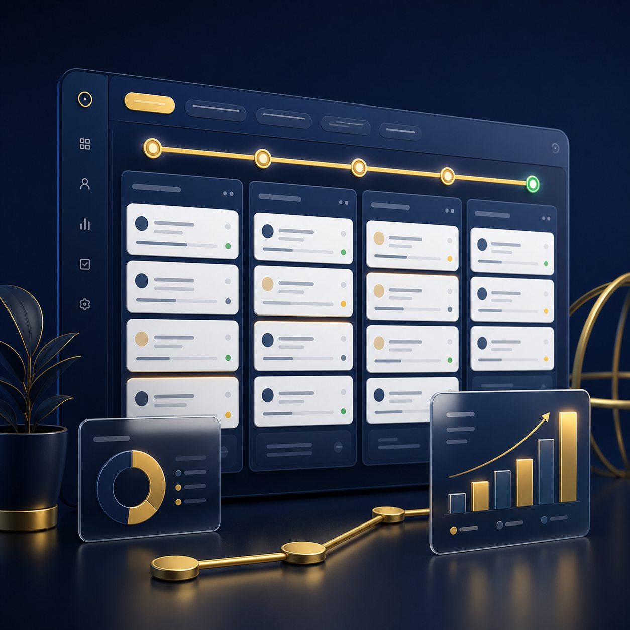 A clean CRM pipeline board with progress cards and analytics.