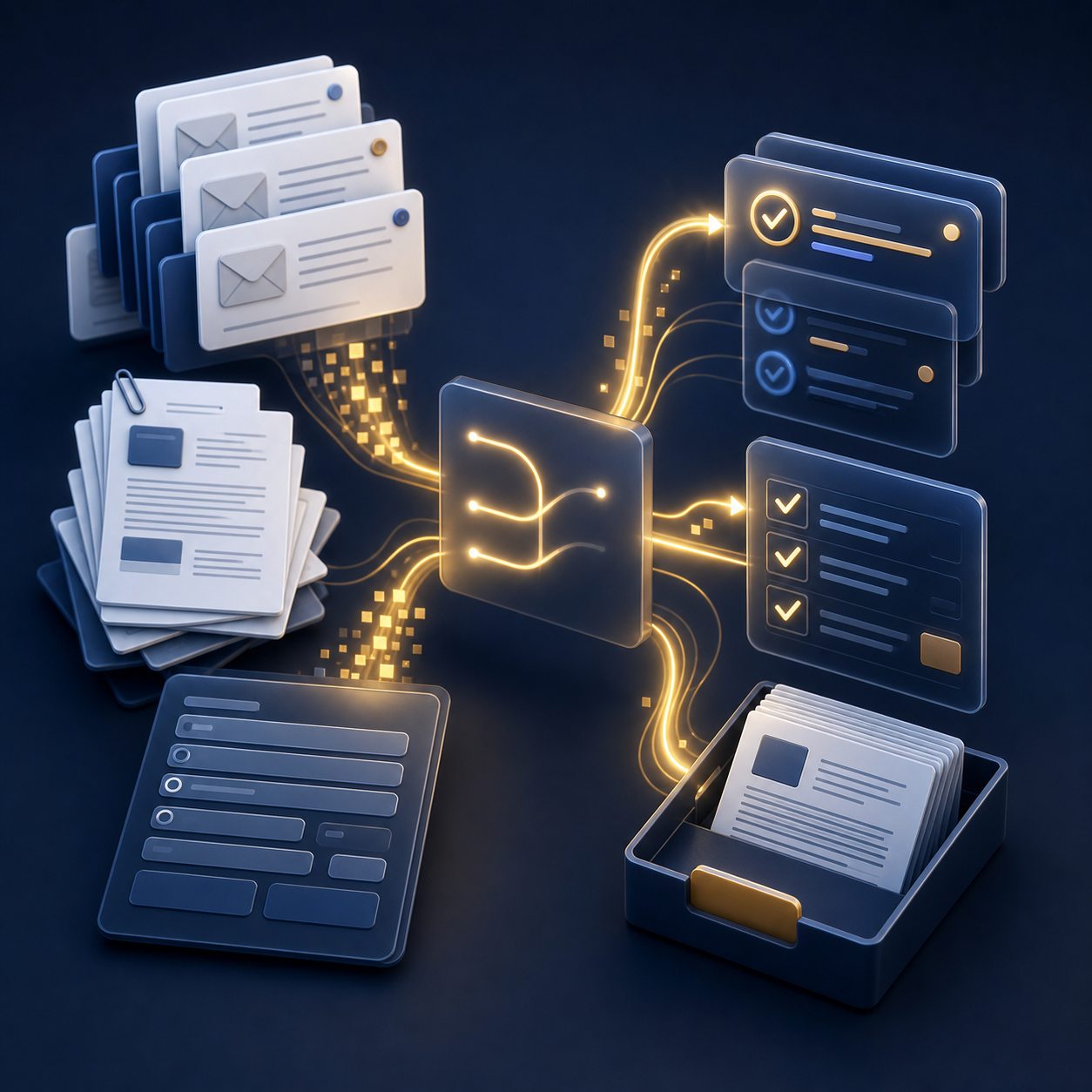 Email and document cards becoming organized workflow steps.