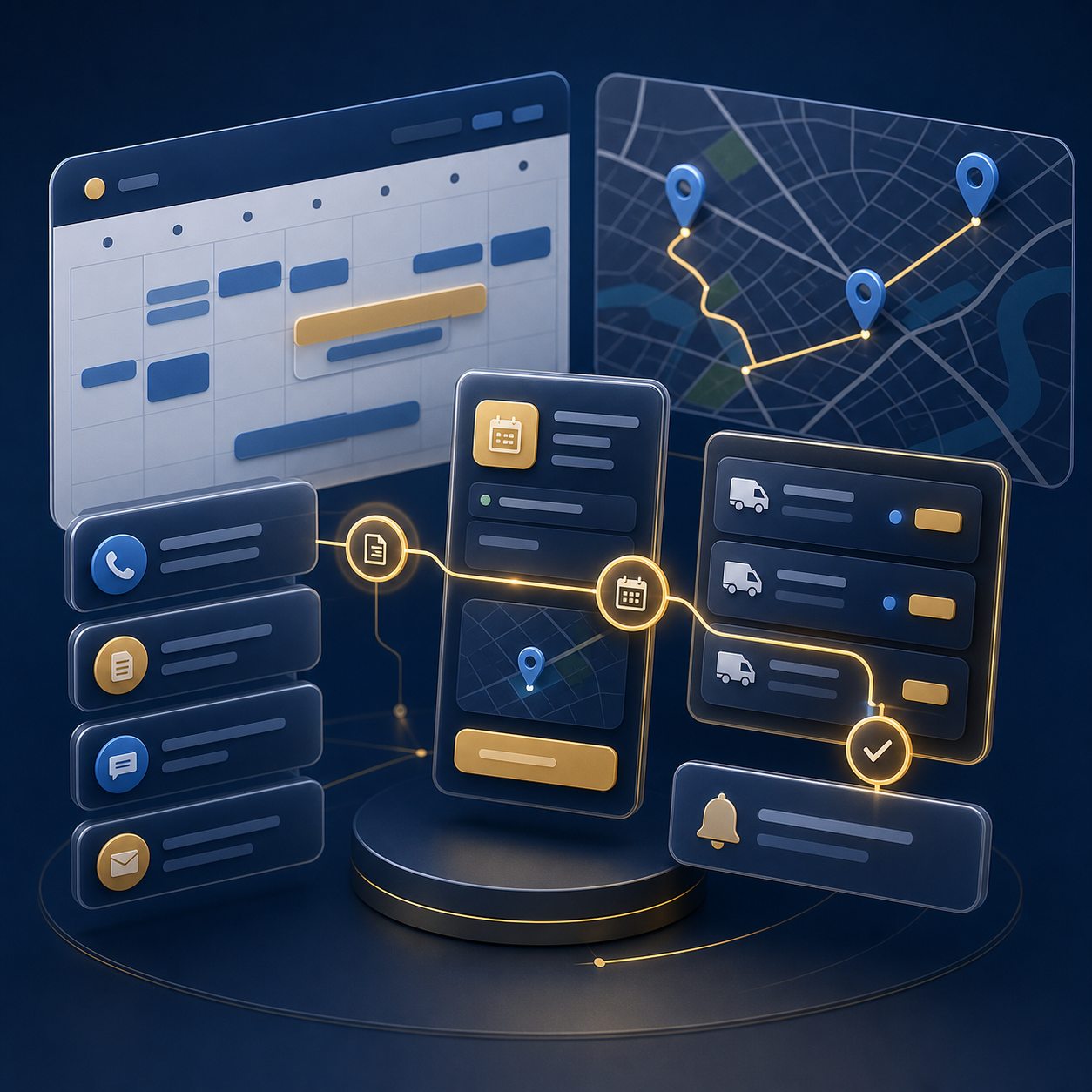 Scheduling calendar, dispatch map, and job cards connected by automation.